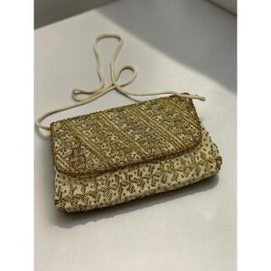 Vintage Axiom‎ Gold Beaded Evening Clutch Ivory Formal Shoulder Bag Small